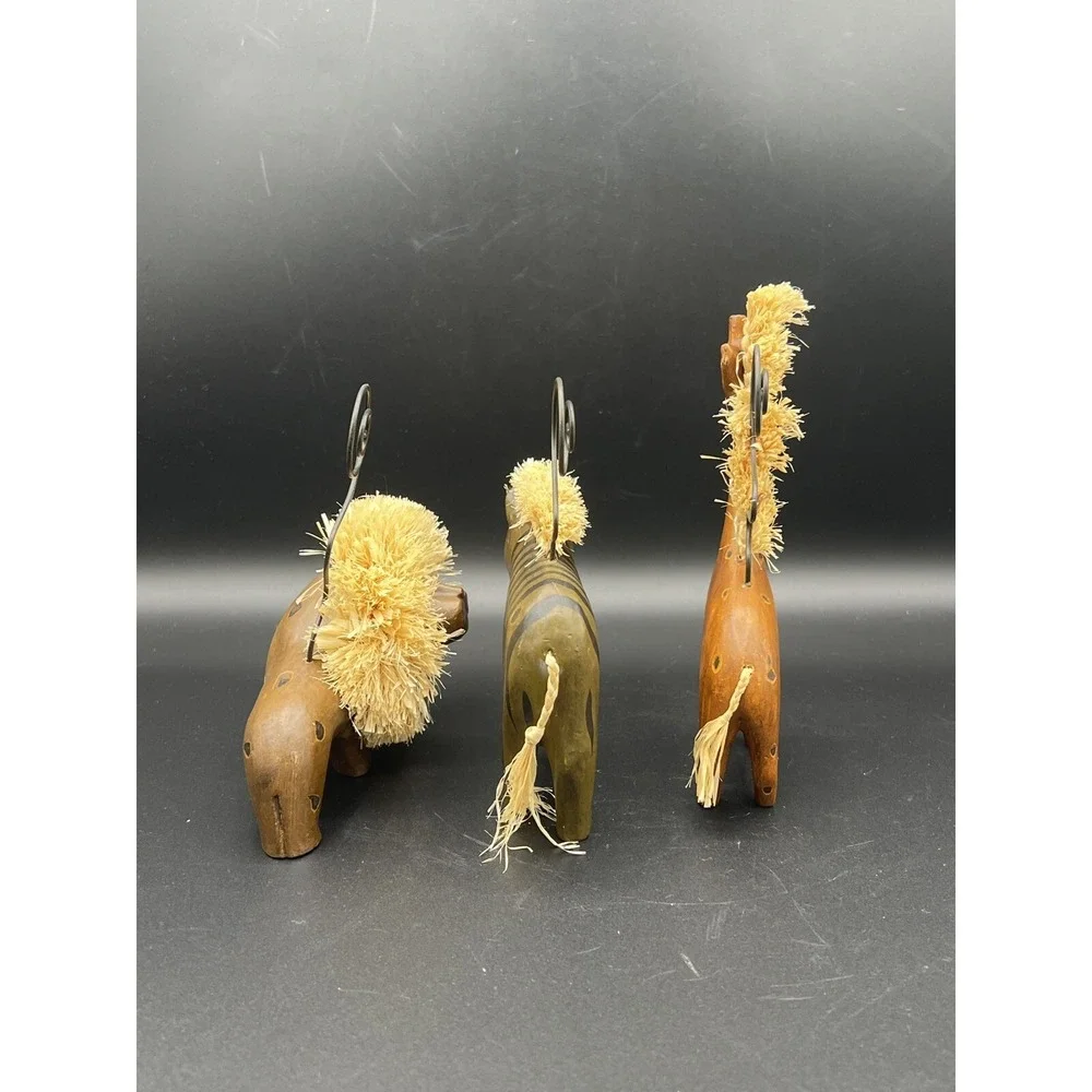 Carved Wood Animal Note Picture Holders Lion Giraffe Zebra Raffia Boho~ Set of 3